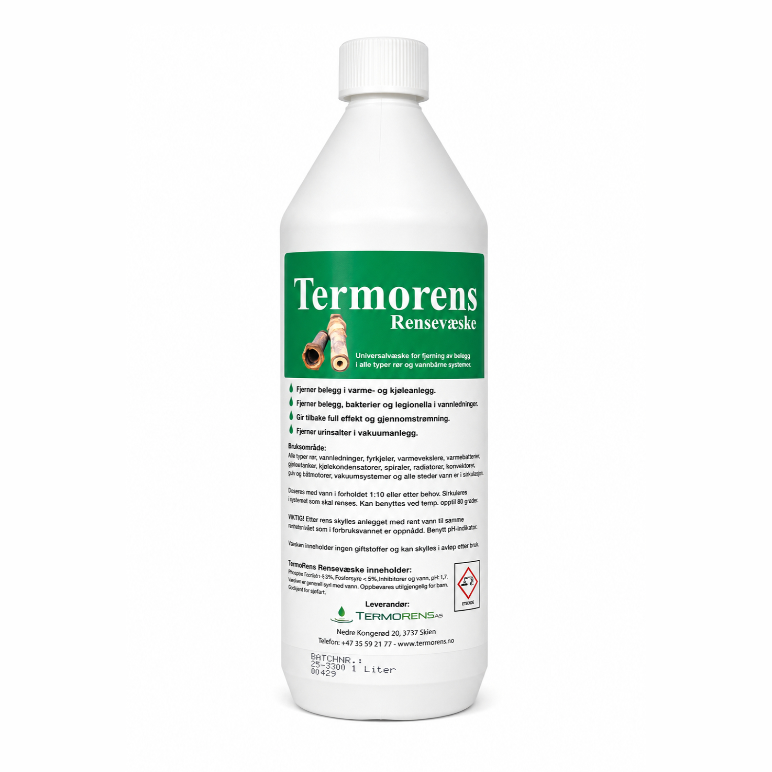 Miljøvennlig Termorens rensevæske 1 liter til fjerning av innvendig belegg i rørsystemer